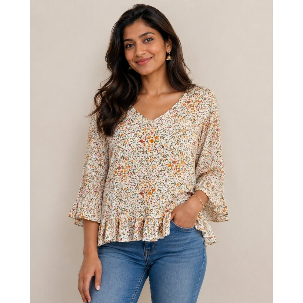 Rose & Thyme Flower V Neck Blouse 3/4 Sleeve Ruffle Hem Boho Cottagecore S